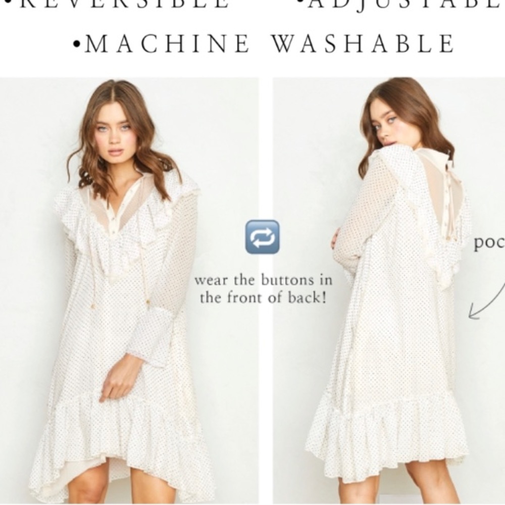 New HAH Ivory Flowy Ruffle Polka Dot Reversible Dress S